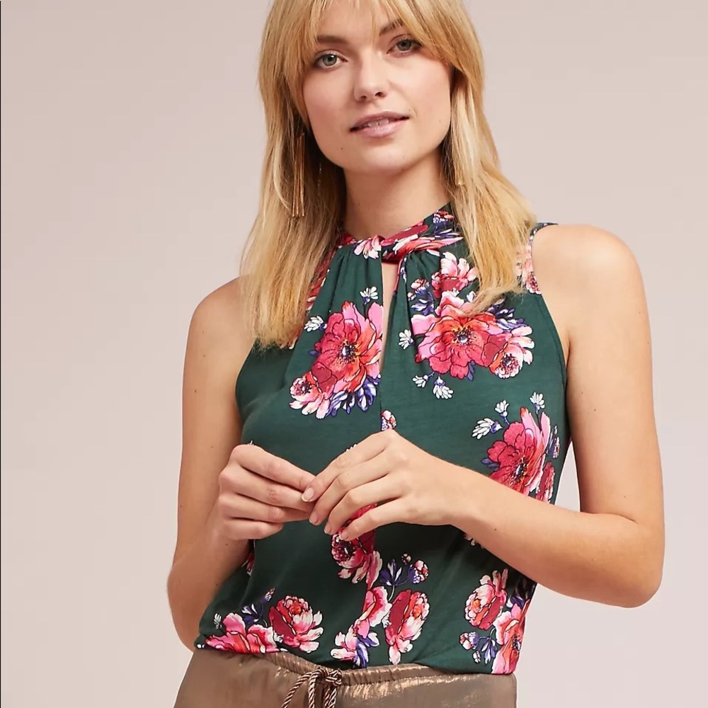 Anthropologie Dark Floral Green Twist Neck Tank Top
